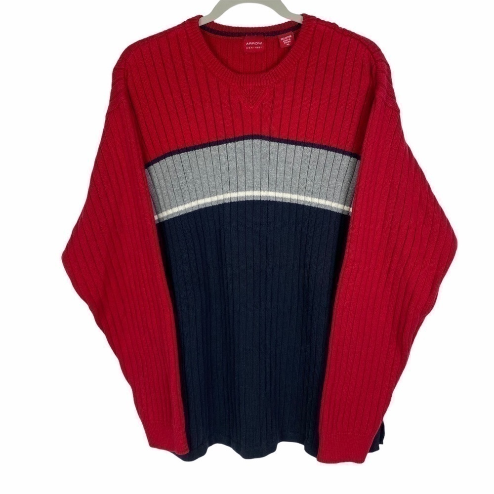 Arrow Ribbed Crewneck Sweater Men's XL Red Gray Black Pullover Long Sleeve